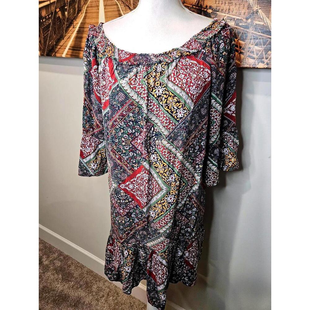 Inny Bohemian Style Patterned Women's Dress with Bell Sleeves